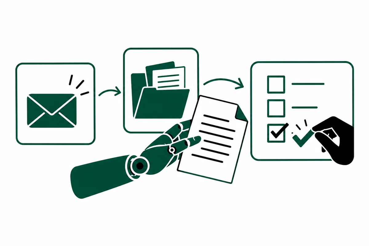 An assistant hand carries a document between an inquiry, reference folder, and approval checklist